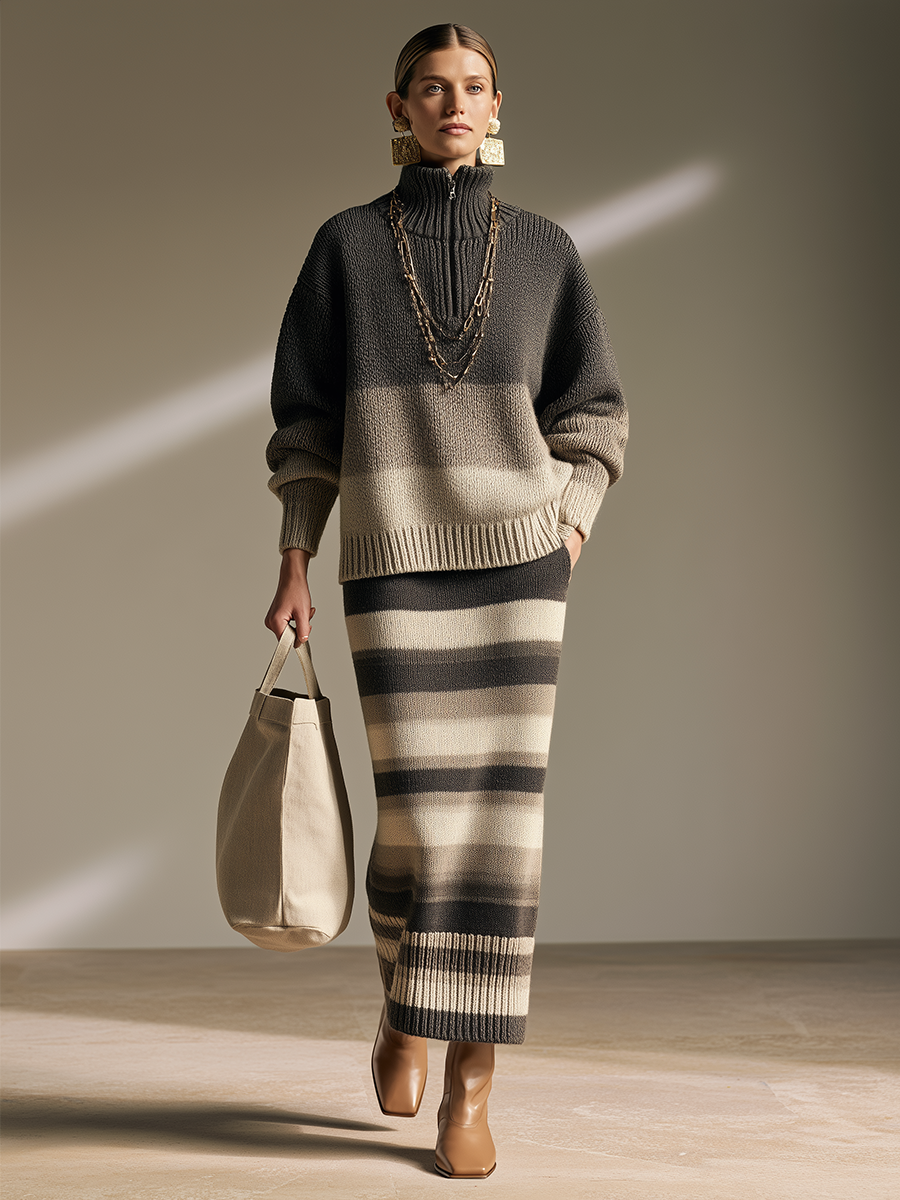 Conjunto de jersey oversize degradado con media cremallera y falda larga de punto
