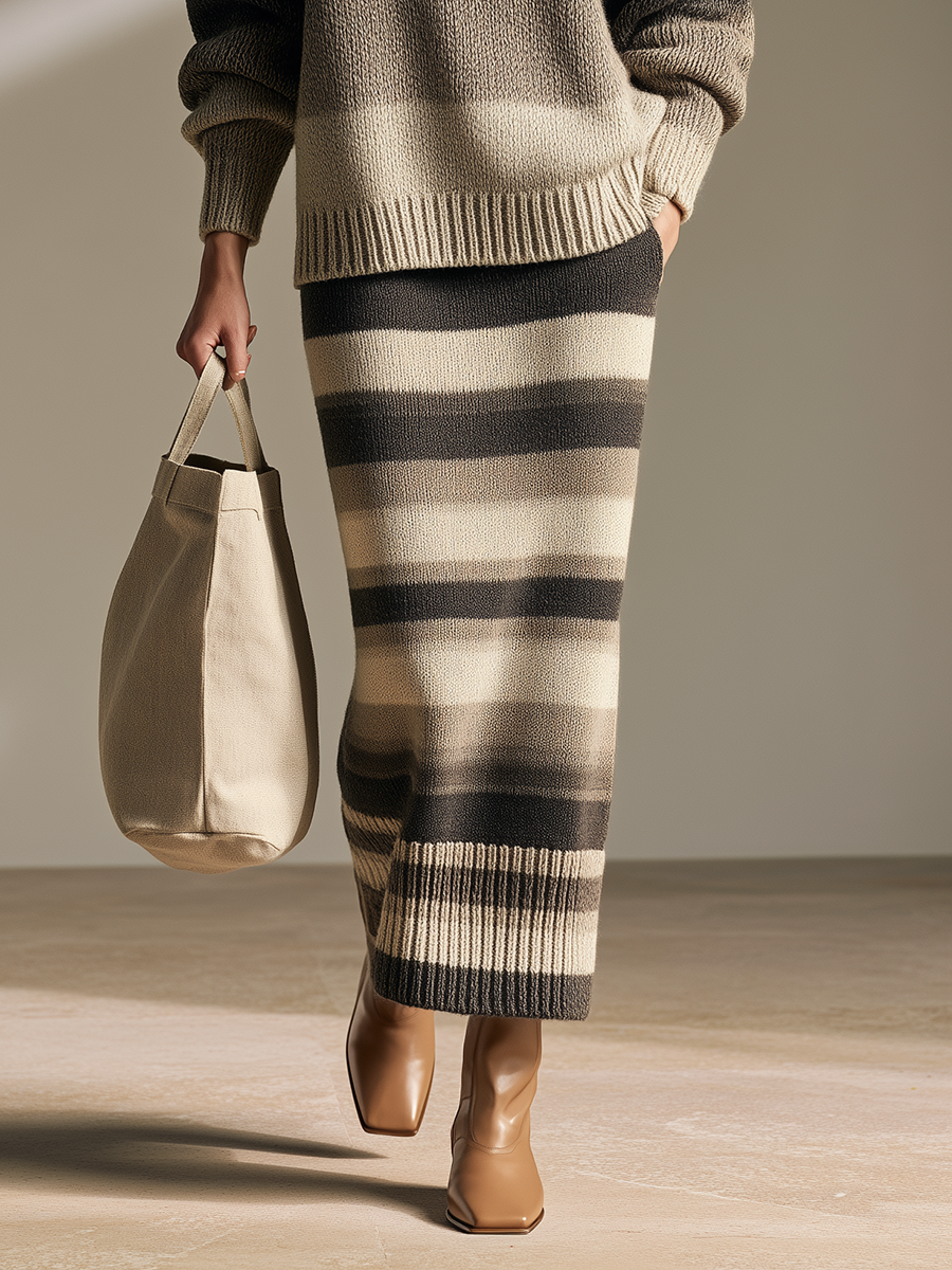 Conjunto de jersey oversize degradado con media cremallera y falda larga de punto