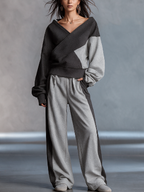 Conjunto de sudadera cruzada y pantalón ancho bicolor