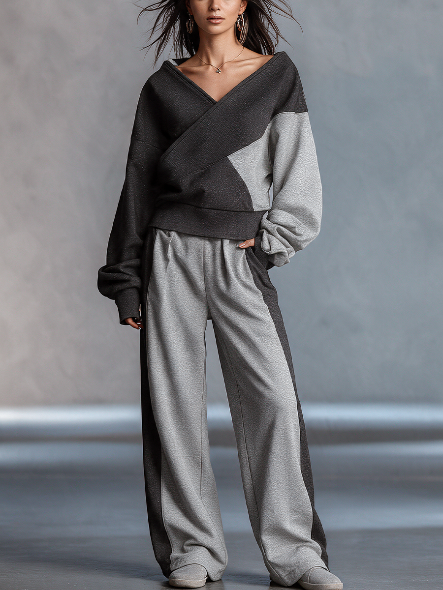 Conjunto de sudadera cruzada y pantalón ancho bicolor