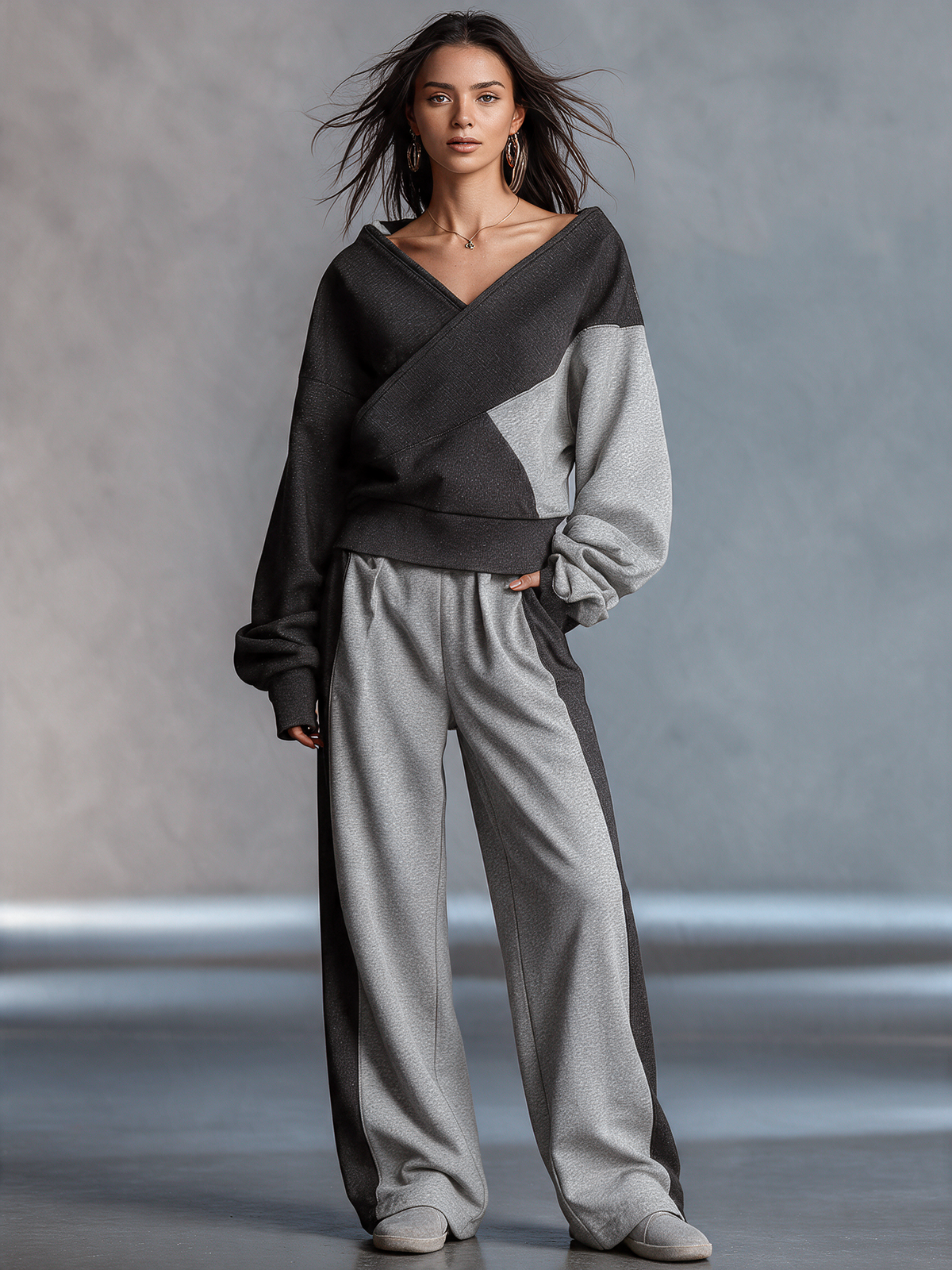 Conjunto de sudadera cruzada y pantalón ancho bicolor