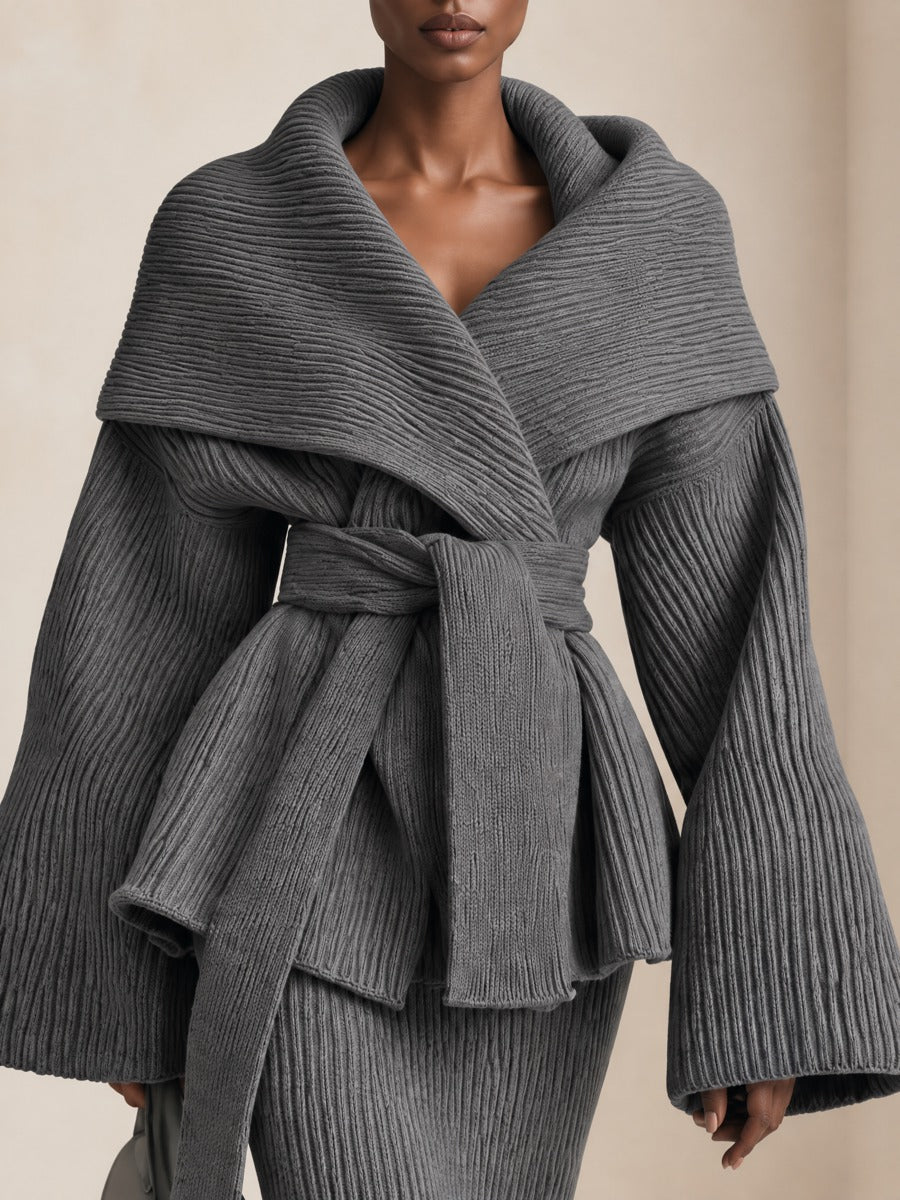 Conjunto de chaqueta de punto con cuello chal y cinturón y falda larga
