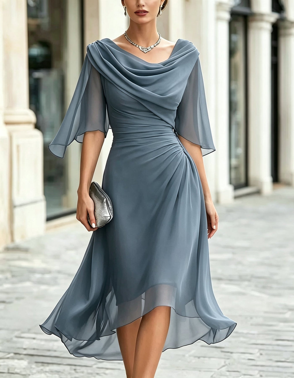 Abito lungo in chiffon blu navy drappeggiato con volant e maniche a tre quarti