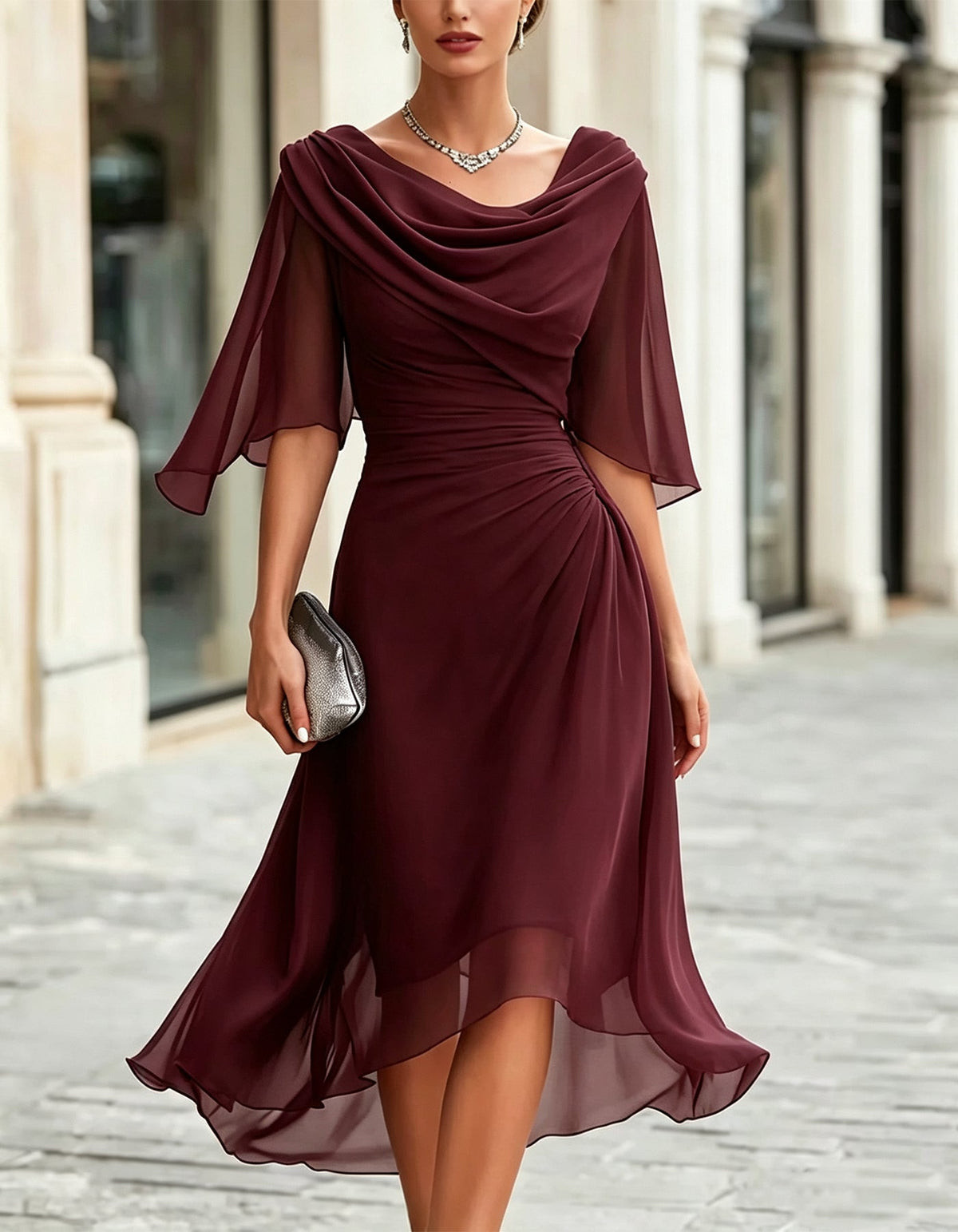 Abito lungo in chiffon blu navy drappeggiato con volant e maniche a tre quarti
