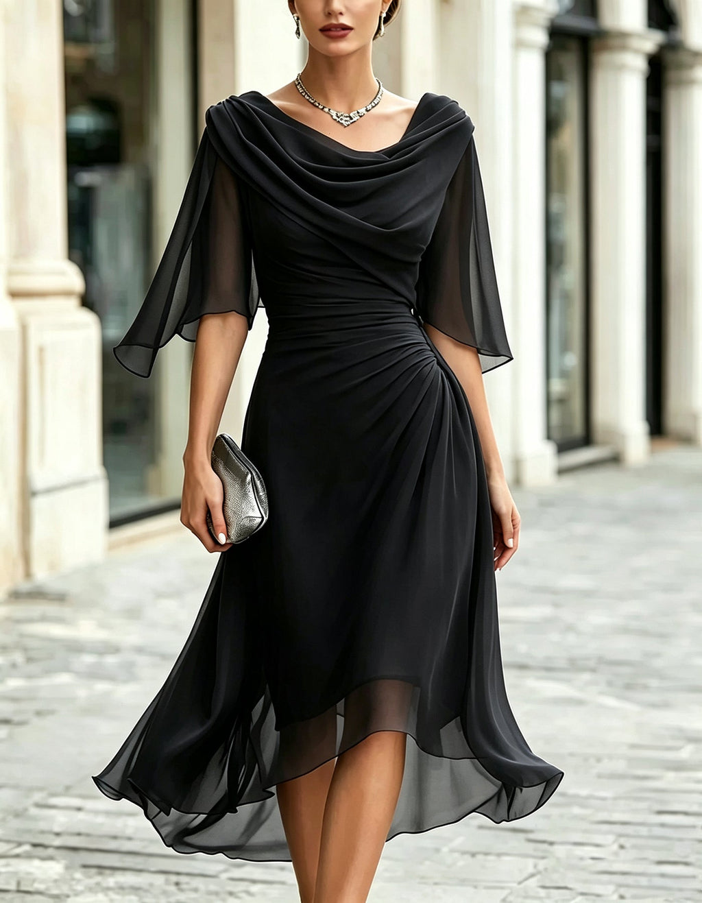 Abito lungo in chiffon blu navy drappeggiato con volant e maniche a tre quarti