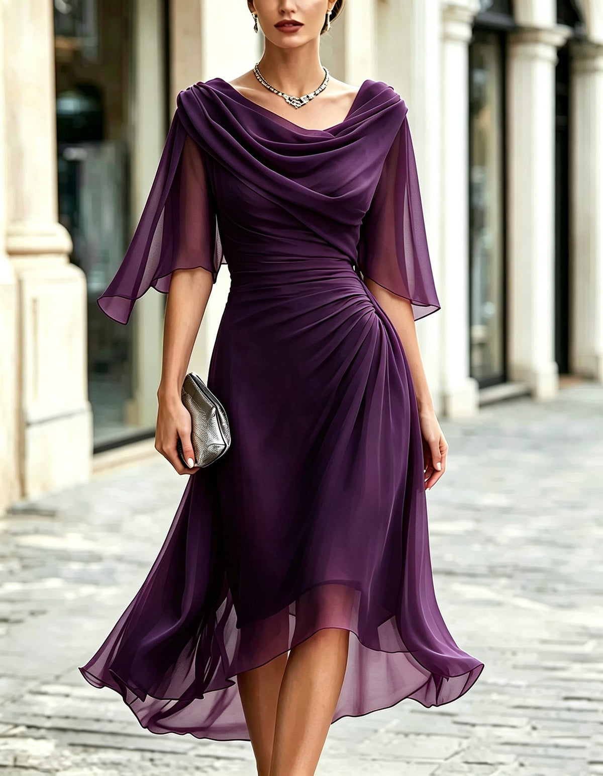 Abito lungo in chiffon blu navy drappeggiato con volant e maniche a tre quarti