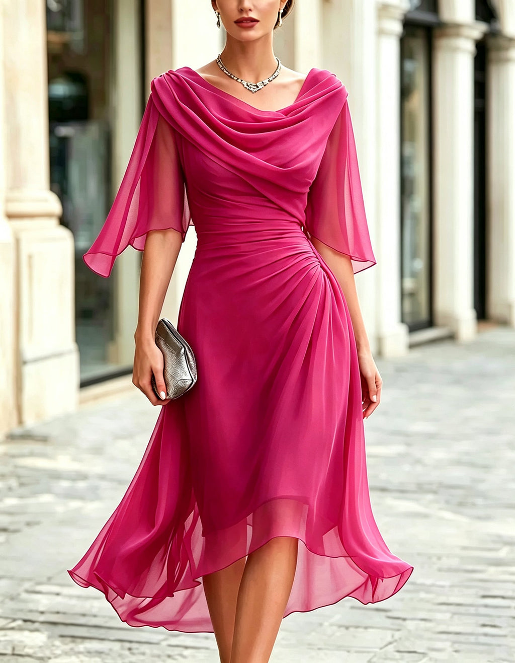 Abito lungo in chiffon blu navy drappeggiato con volant e maniche a tre quarti