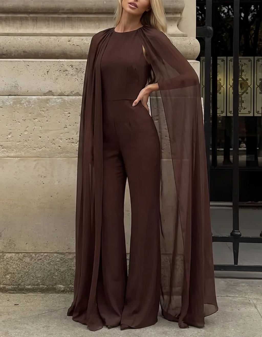 Brown Round-Neck Cape Draped Chiffon Jumpsuit