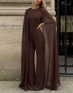 Brown Round-Neck Cape Draped Chiffon Jumpsuit