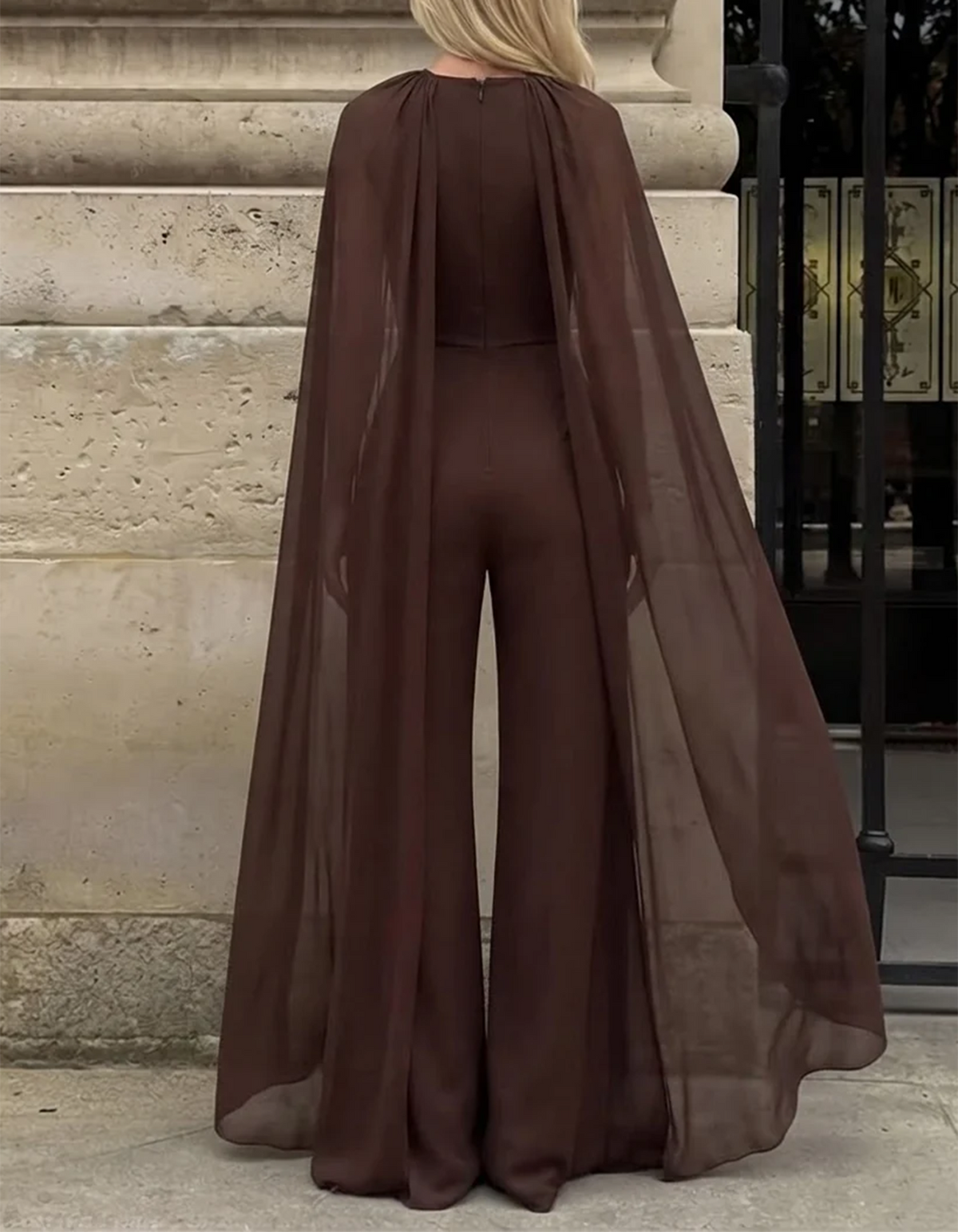 Brown Round-Neck Cape Draped Chiffon Jumpsuit