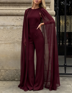 Brown Round-Neck Cape Draped Chiffon Jumpsuit