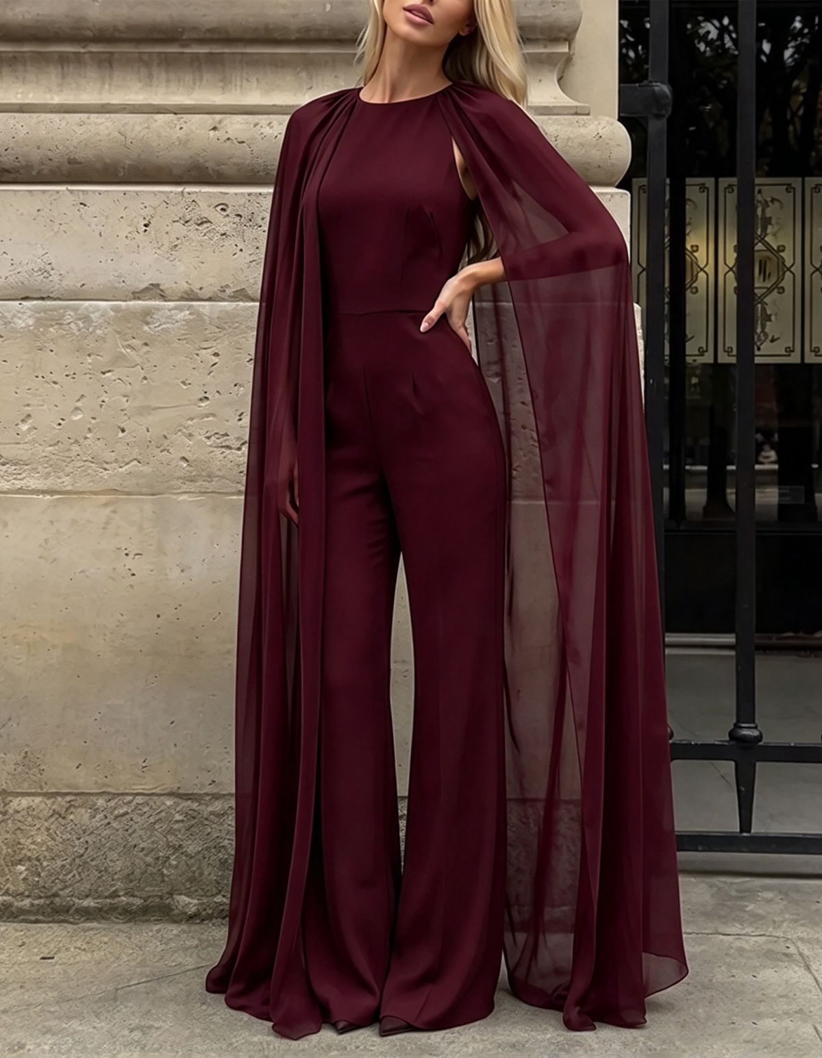 Brauner Chiffon-Jumpsuit mit Rundhalsausschnitt und Cape-Optik