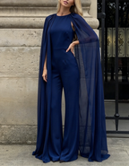 Brown Round-Neck Cape Draped Chiffon Jumpsuit