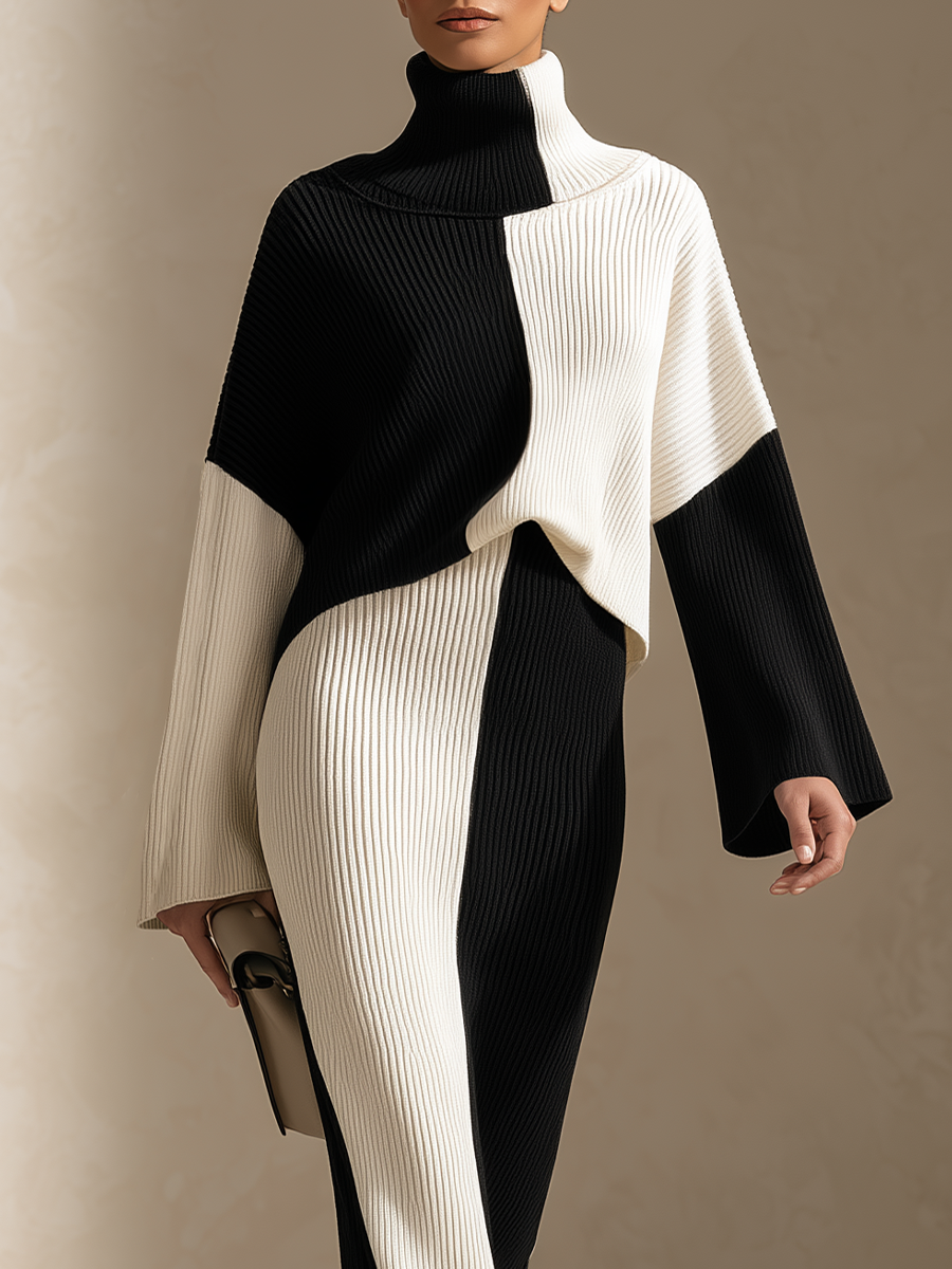 Conjunto largo de canalé bicolor blanco y negro