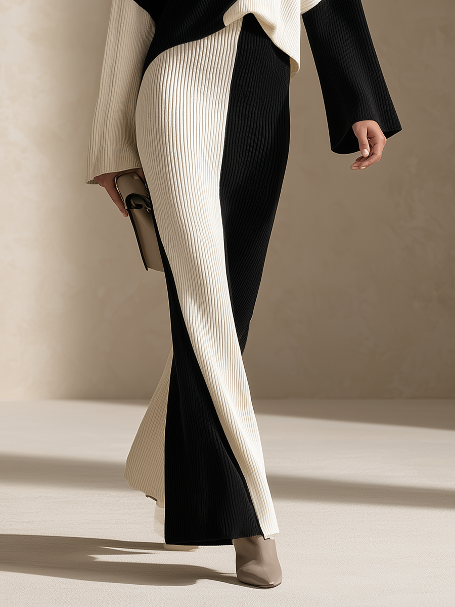 Conjunto largo de canalé bicolor blanco y negro