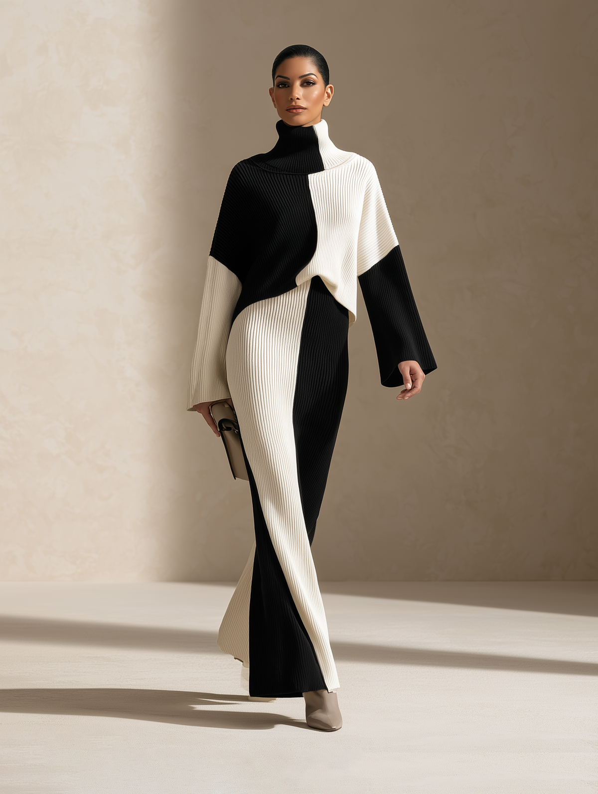 Conjunto largo de canalé bicolor blanco y negro