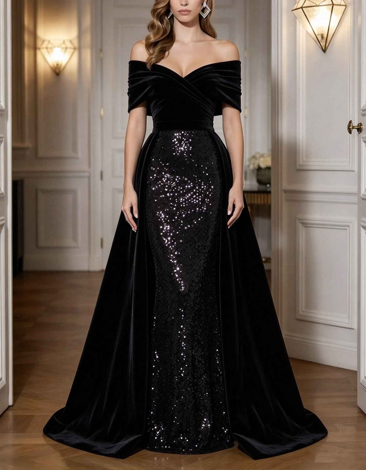 Burgundy Off-the-Shoulder Velvet & Sequin Mermaid Maxi Dress