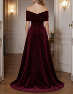 Burgundy Off-the-Shoulder Velvet & Sequin Mermaid Maxi Dress