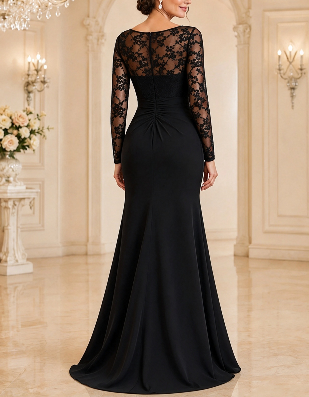 Vestido largo de encaje con mangas largas y fruncido en la cintura