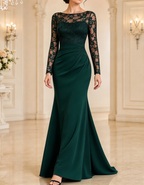 Vestido largo de encaje con mangas largas y fruncido en la cintura