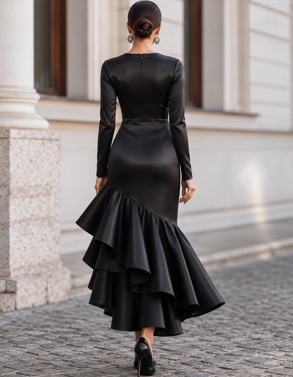 Vestido largo de satén con mangas largas, volantes y corte sirena asimétrico