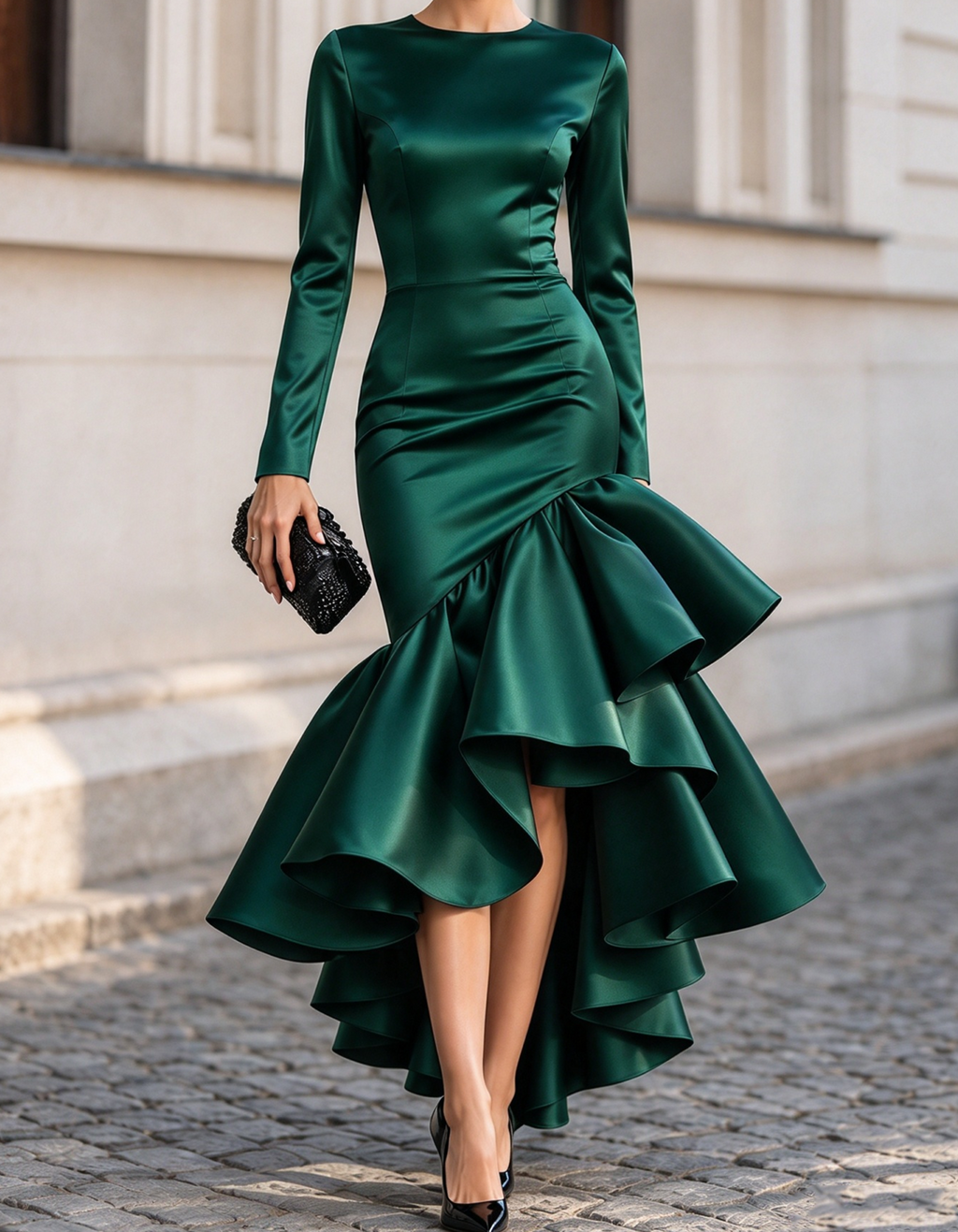 Vestido largo de satén con mangas largas, volantes y corte sirena asimétrico