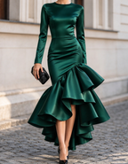 Vestido largo de satén con mangas largas, volantes y corte sirena asimétrico