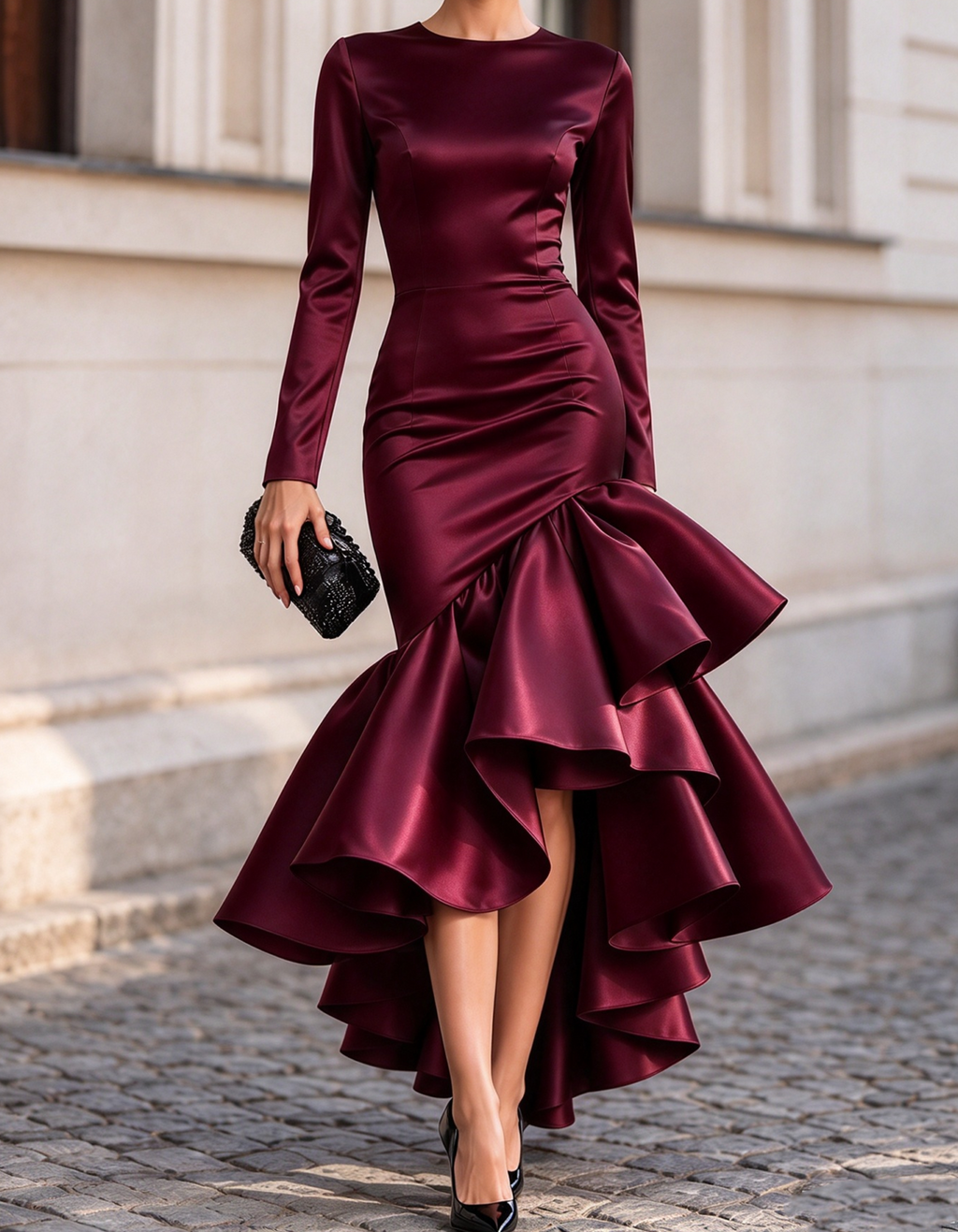Vestido largo de satén con mangas largas, volantes y corte sirena asimétrico