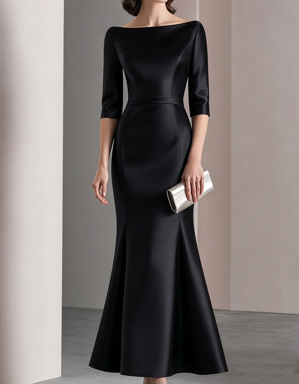 Vestido largo de satén con cuello barco y manga tres cuartos