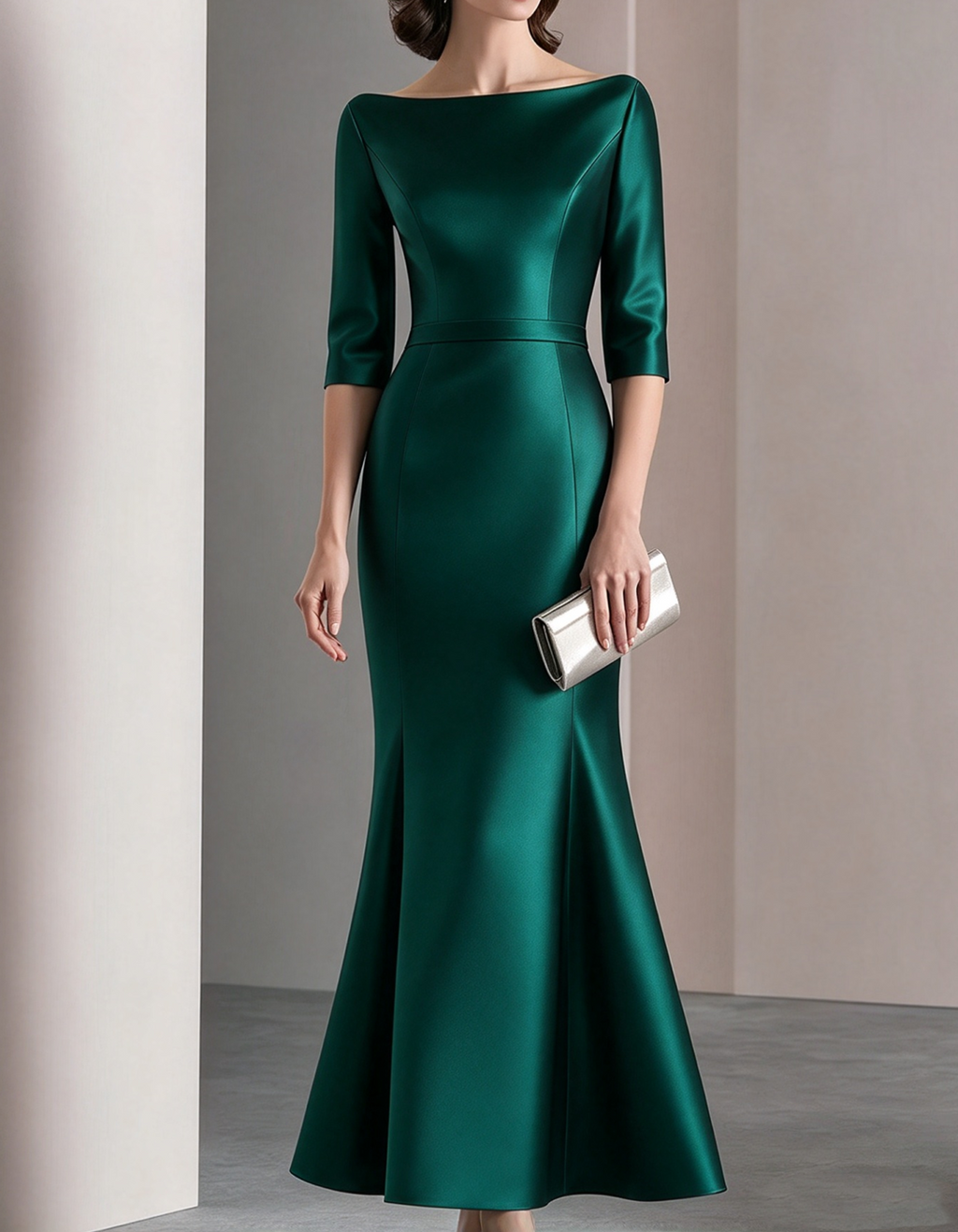 Vestido largo de satén con cuello barco y manga tres cuartos