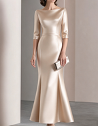 Vestido largo de satén con cuello barco y manga tres cuartos