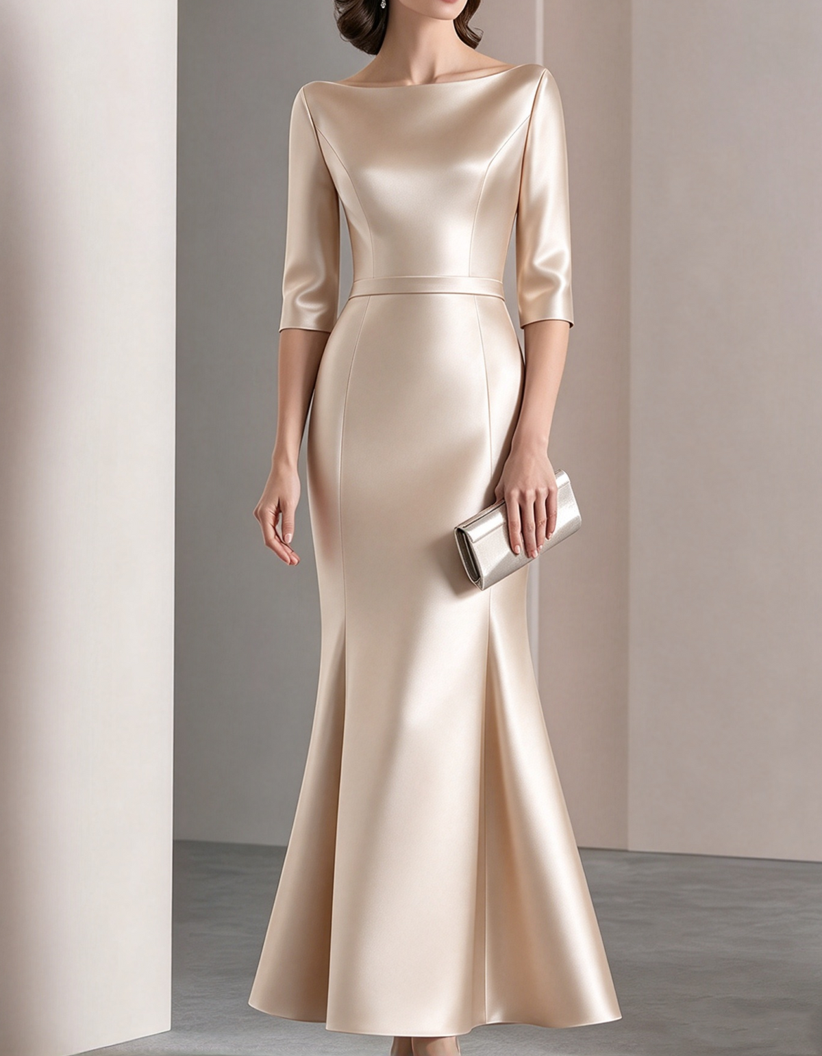 Vestido largo de satén con cuello barco y manga tres cuartos