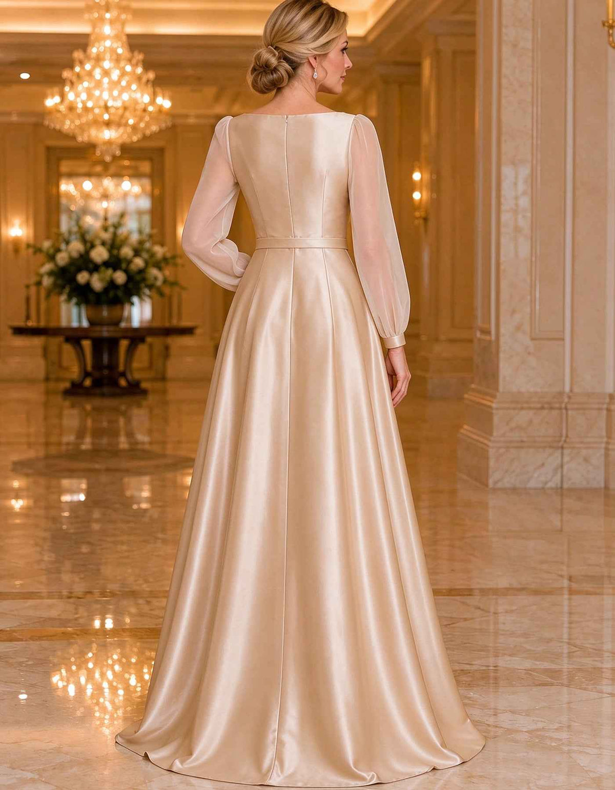 Vestido largo de satén champán con mangas de farol transparentes y cuello barco