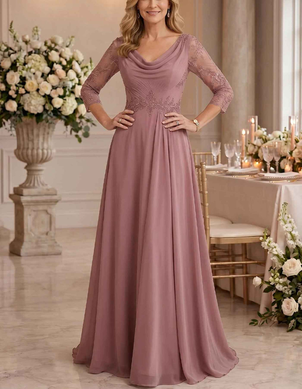 Vestido largo de gasa con cuello drapeado, encaje y manga 3/4, talle alto
