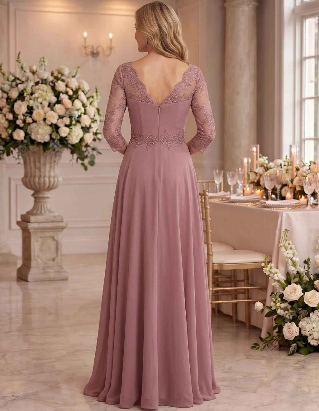 Vestido largo de gasa con cuello drapeado, encaje y manga 3/4, talle alto