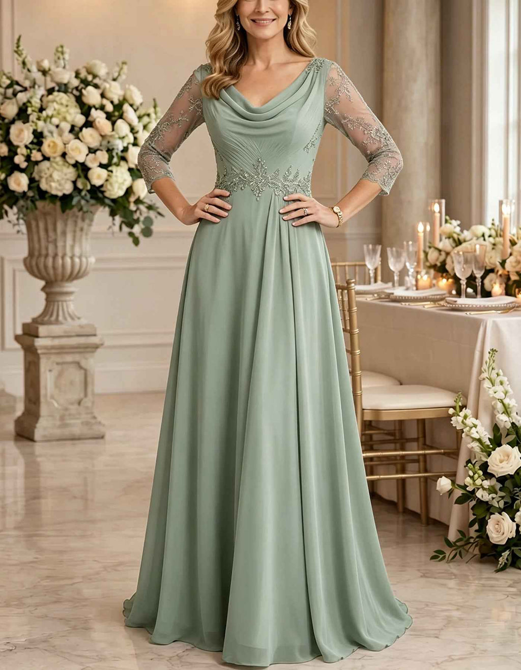 Vestido largo de gasa con cuello drapeado, encaje y manga 3/4, talle alto