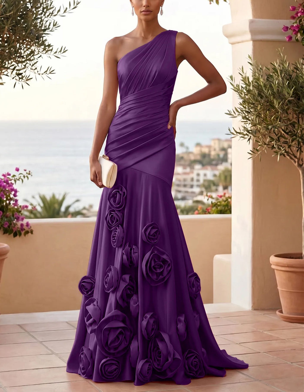 Vestido largo sirena asimétrico de satén con detalles florales 3D
