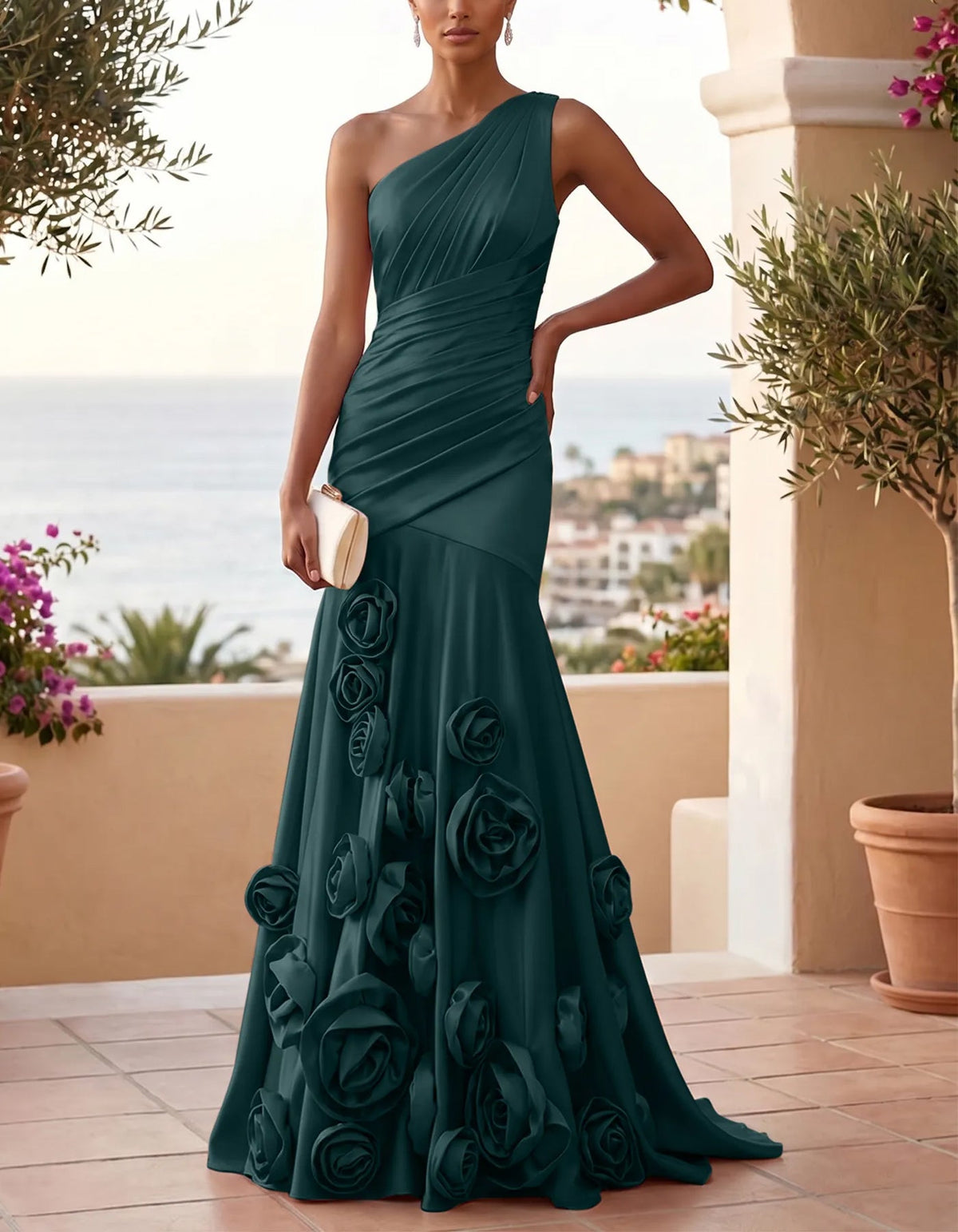 Vestido largo sirena asimétrico de satén con detalles florales 3D