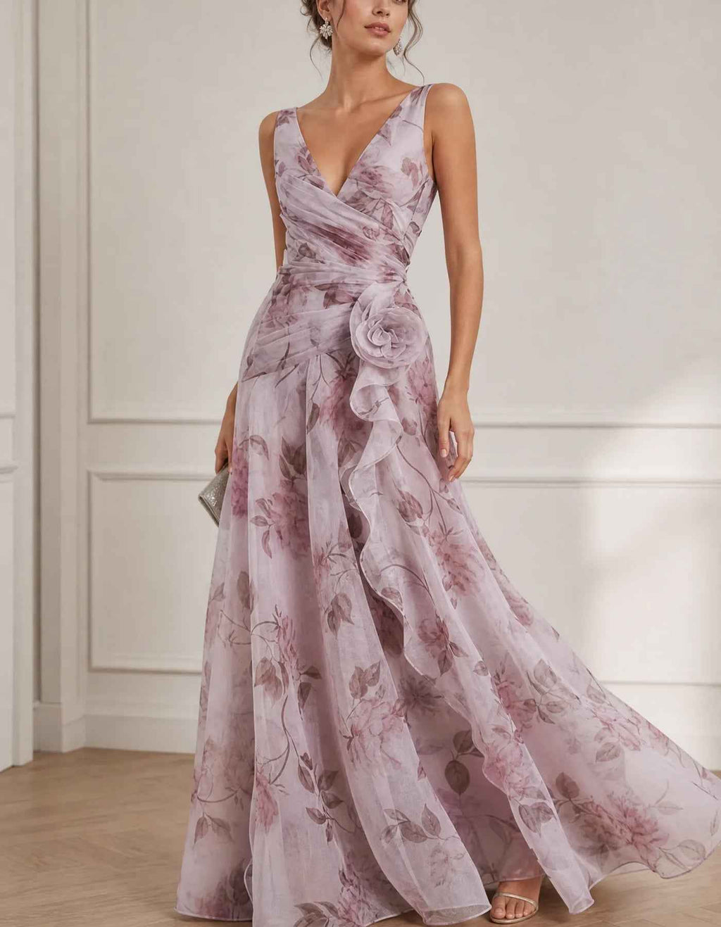 Vestido largo lavanda estampado floral de gasa, cuello en V, sin mangas, flor 3D en la cintura