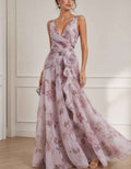 Vestido largo lavanda estampado floral de gasa, cuello en V, sin mangas, flor 3D en la cintura