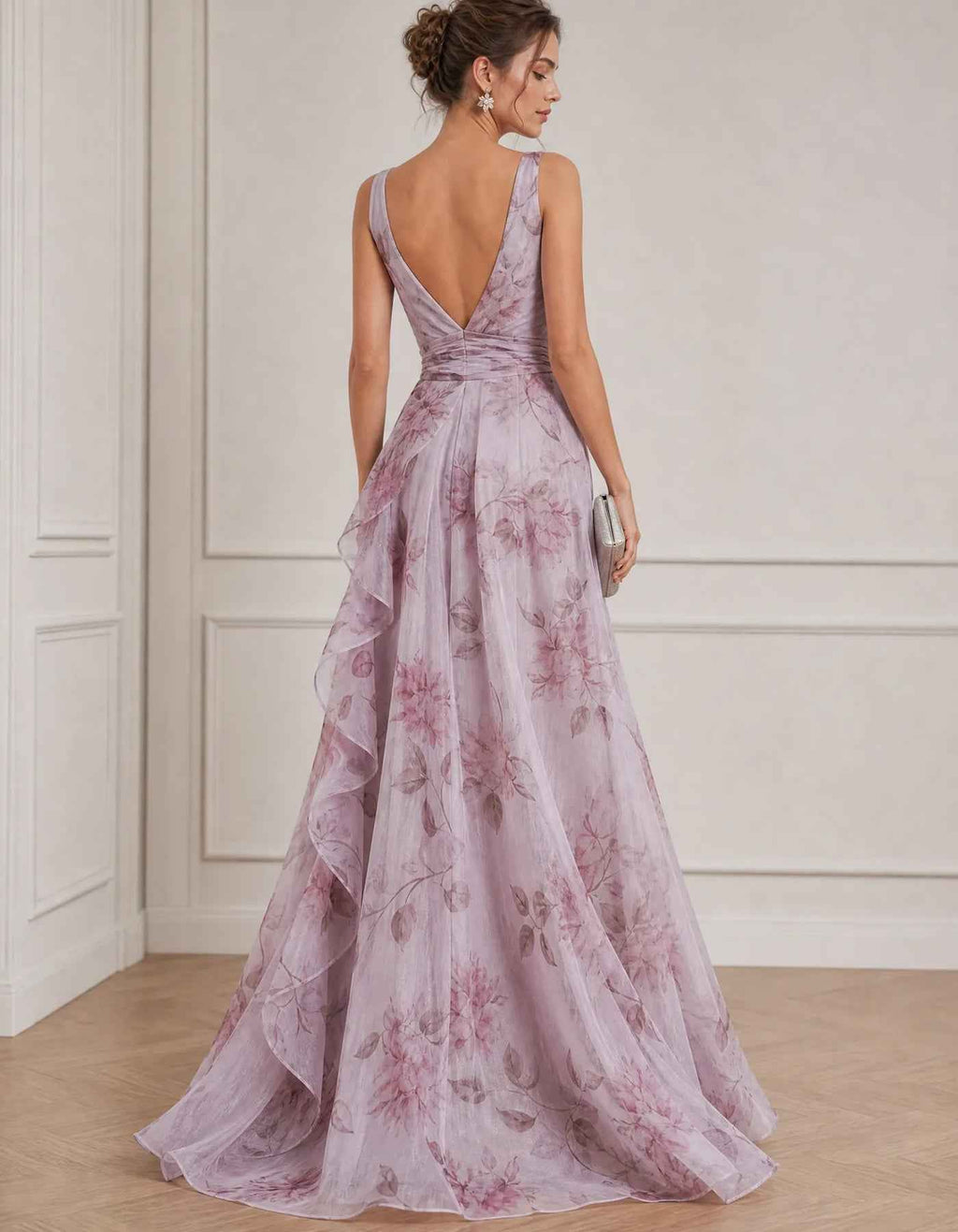 Vestido largo lavanda estampado floral de gasa, cuello en V, sin mangas, flor 3D en la cintura