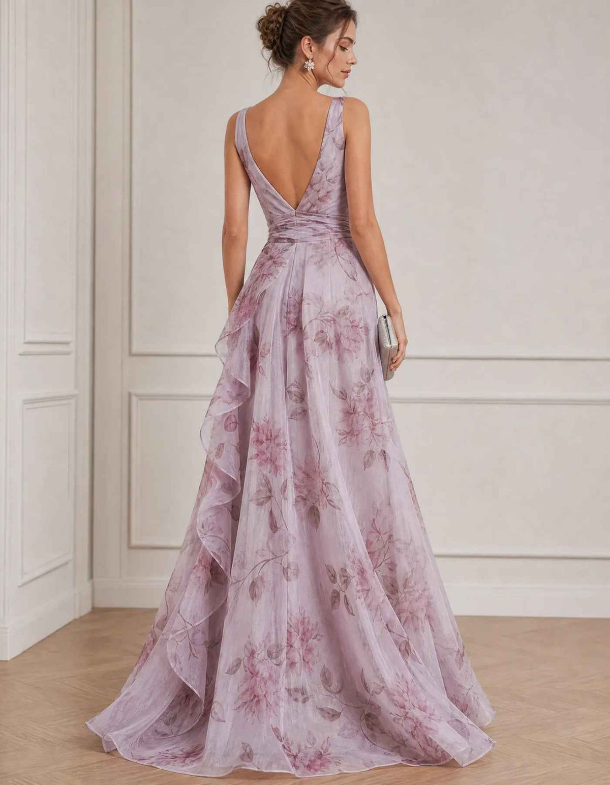Vestido largo lavanda estampado floral de gasa, cuello en V, sin mangas, flor 3D en la cintura