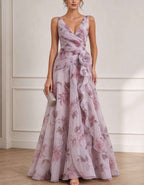 Vestido largo lavanda estampado floral de gasa, cuello en V, sin mangas, flor 3D en la cintura
