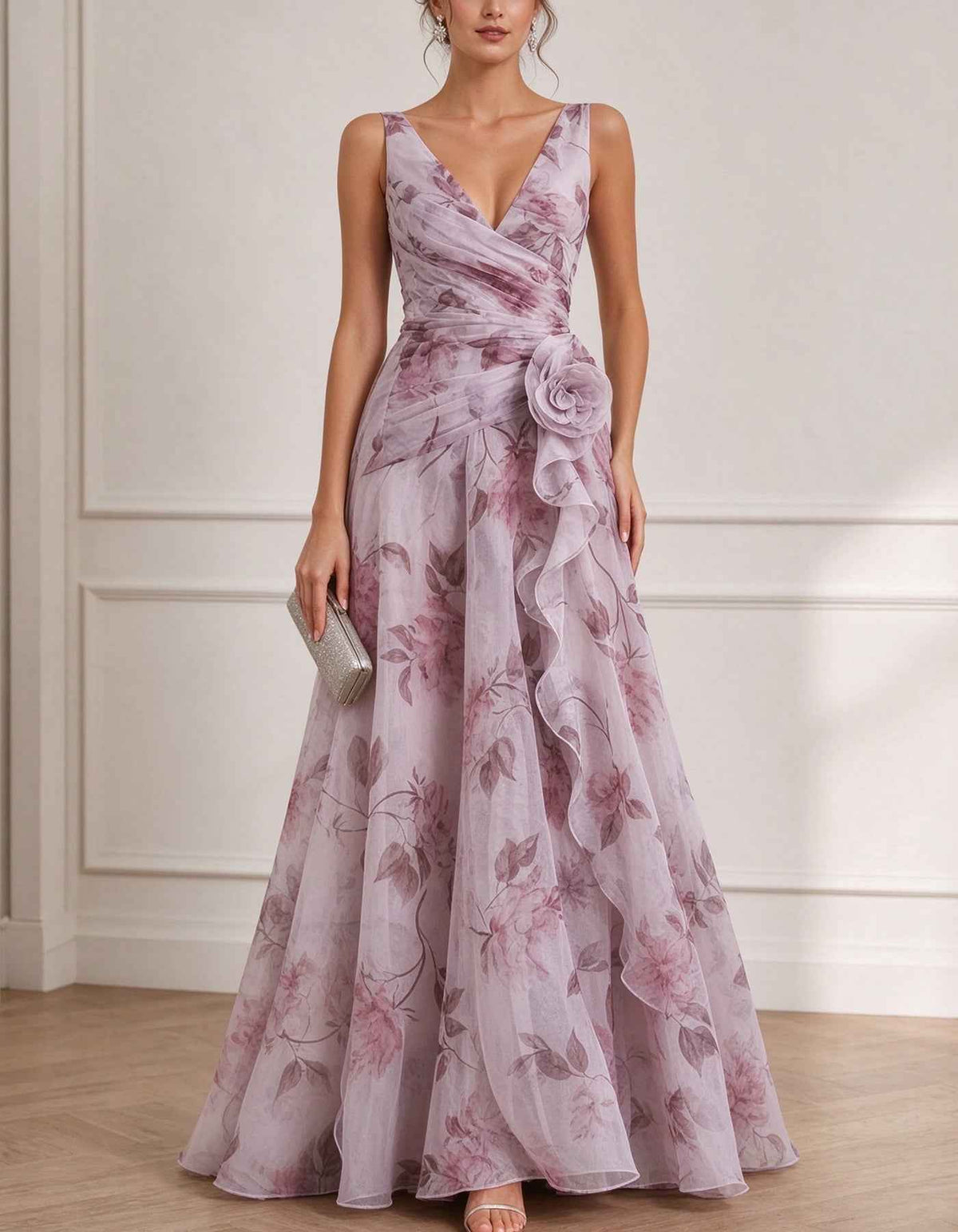 Vestido largo lavanda estampado floral de gasa, cuello en V, sin mangas, flor 3D en la cintura