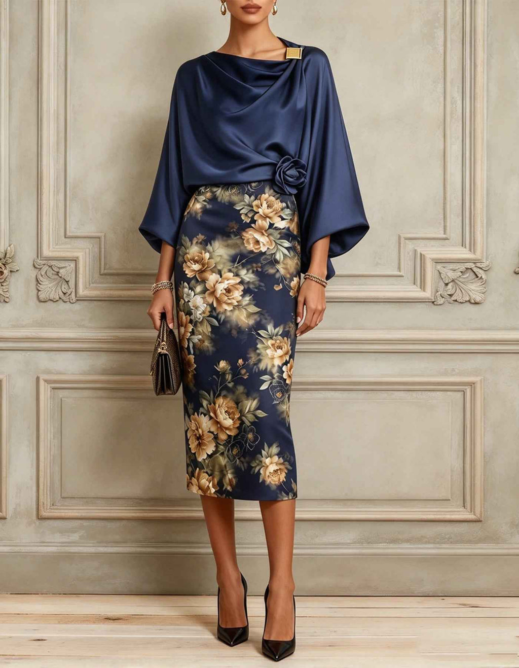 Vestido midi de satén azul oscuro con estampado
