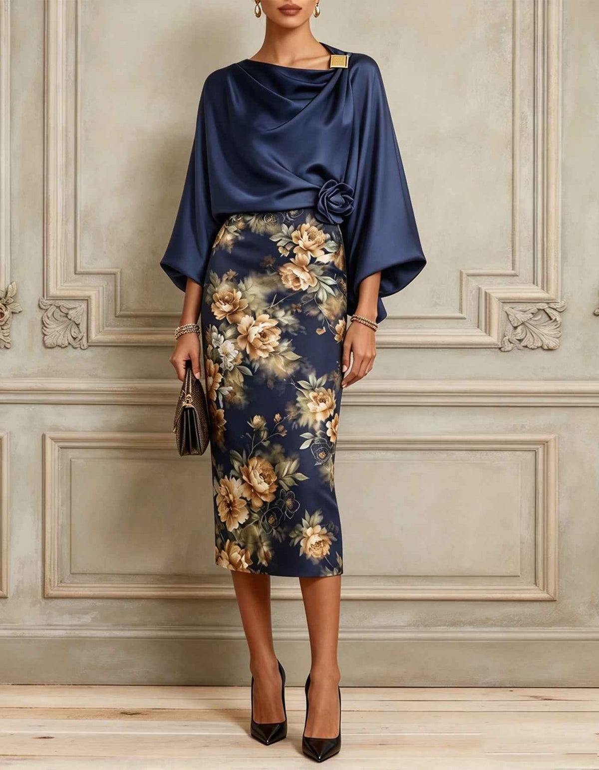 Vestido midi de satén azul oscuro con estampado