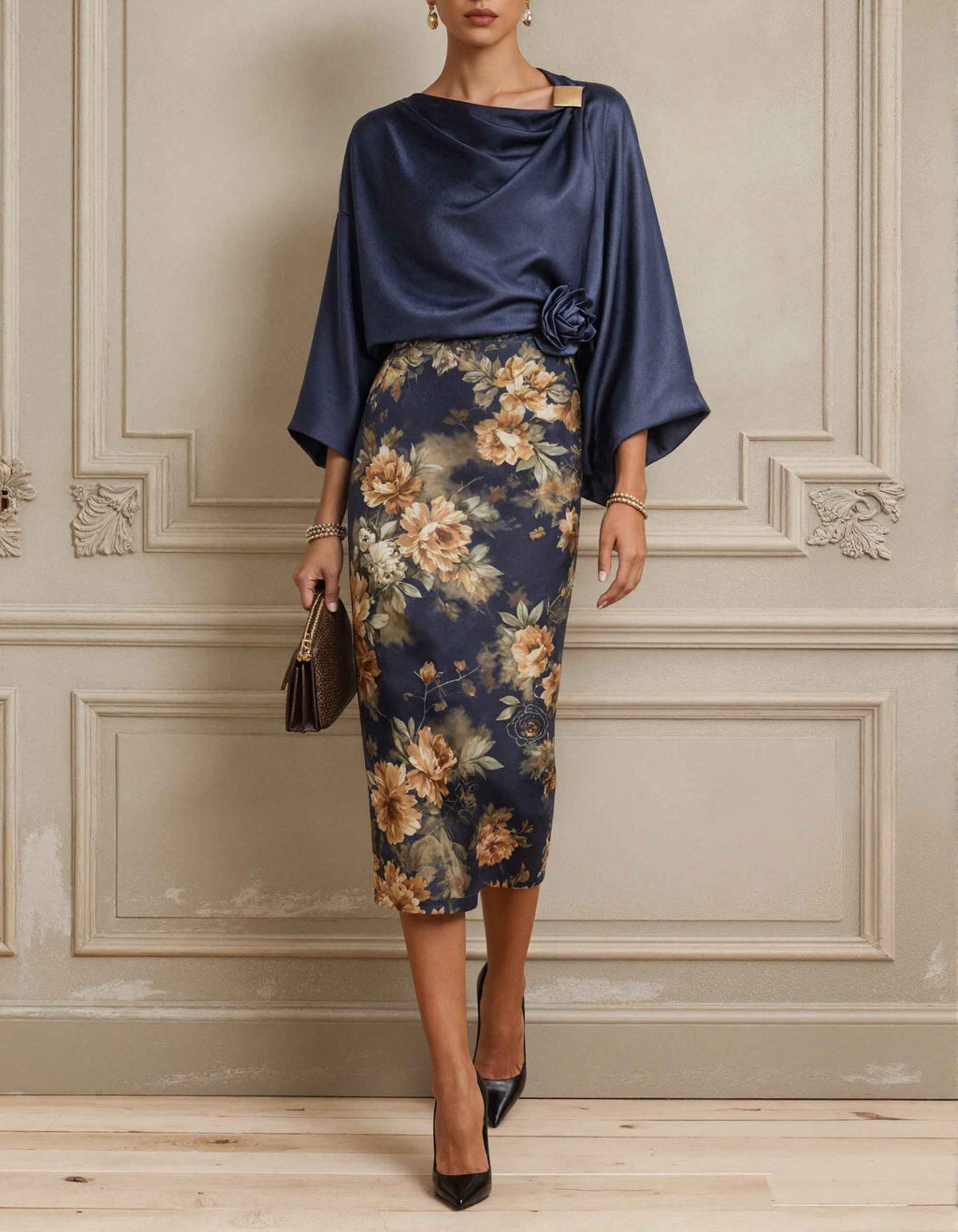 Vestido midi de satén azul oscuro con estampado