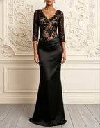 Vestido largo sirena de encaje y satén, escote en V, negro