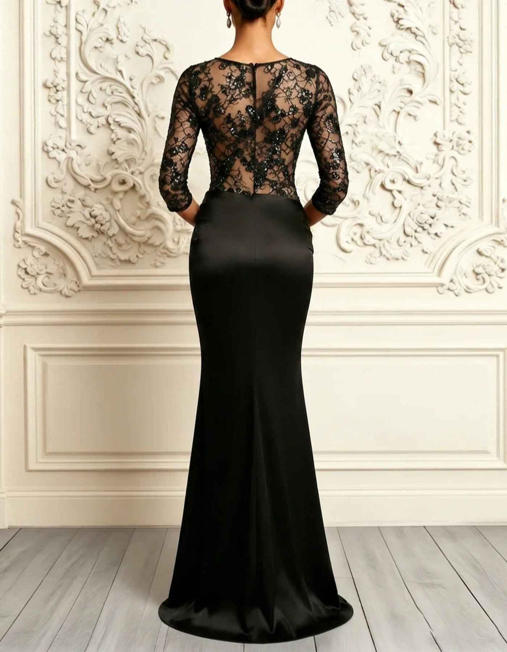 Vestido largo sirena de encaje y satén, escote en V, negro
