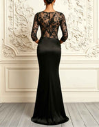 Vestido largo sirena de encaje y satén, escote en V, negro